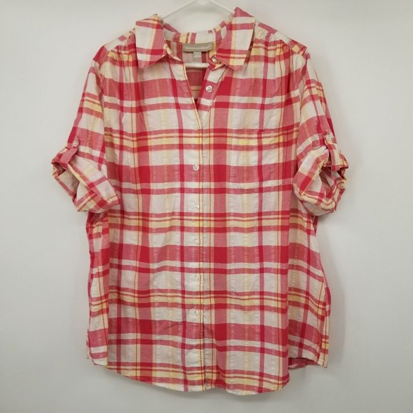 Woman Within Tops - Woman Within Plaid Women's Short Sleeved Button Down Shirt Size Large